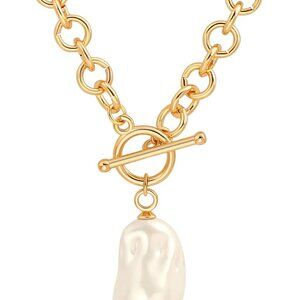 18k Gold Chain Link Necklace for Women, Baroque Pearl/Compass Pendant Necklace
